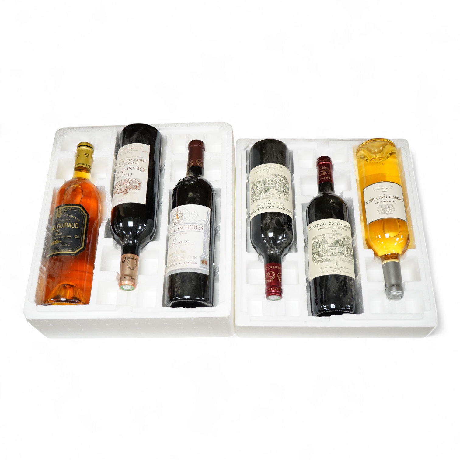 Six bottles of mixed wines, including a bottle of Margaux, Chateau-Lascombes grand cru 2000, a bottle of Larrivet Haut Brion, 2010, two bottles of Chateau Carbonnieux grand cru 2005, a bottle Chateau Grand- Pontet grand